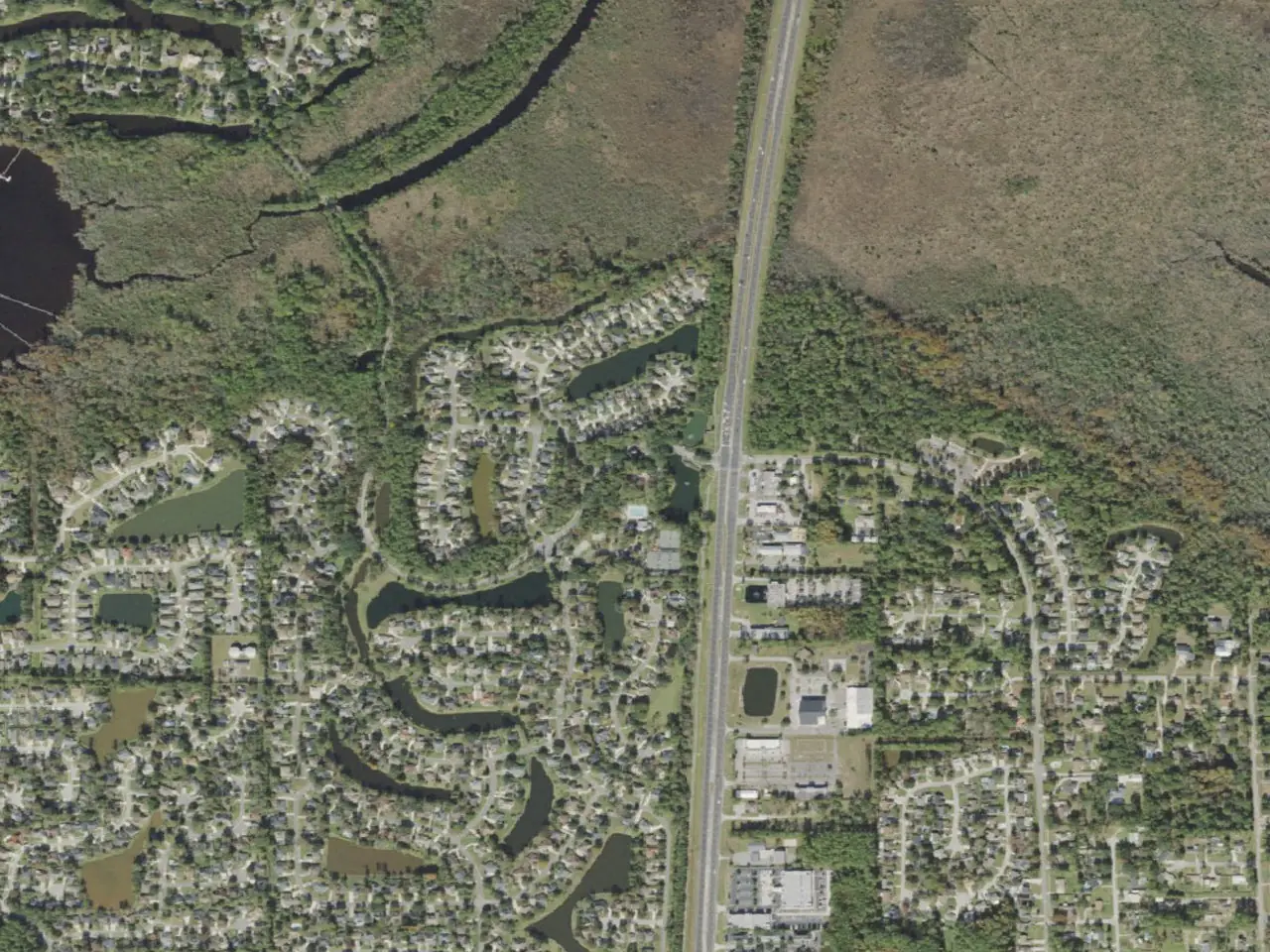 Aerial view of Pace Island homes and tree-lined lakes on Fleming Island